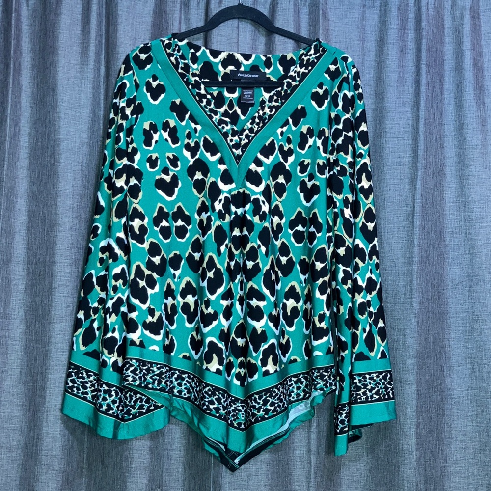 Ashley Stewart Teal and Black Leopard Print Blouse